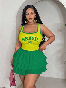 Slaydiva Women's Plus Size Green Summer Grunge Everyday Brasil Letter Print Slim Cropped Tank Top And Layered Ruffle Shorts 2pcs Set,Music Festival Outfit - Multicolor - View 2