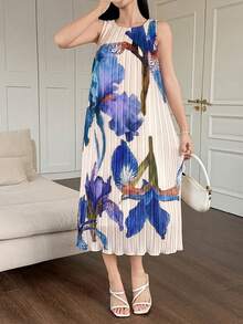 DAZY Women's Elegant Floral Pleated Sleeveless Straight Midi Dress, Summer Sun Dresses For Women - Blue - View 3