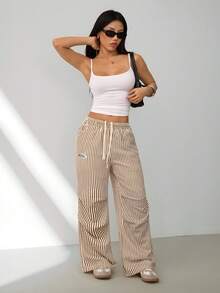 SHEIN PETITE Quần nỉ ống rộng kẻ sọc cơ bản mùa hè dành cho nữ - Màu Khaki - Xem 5