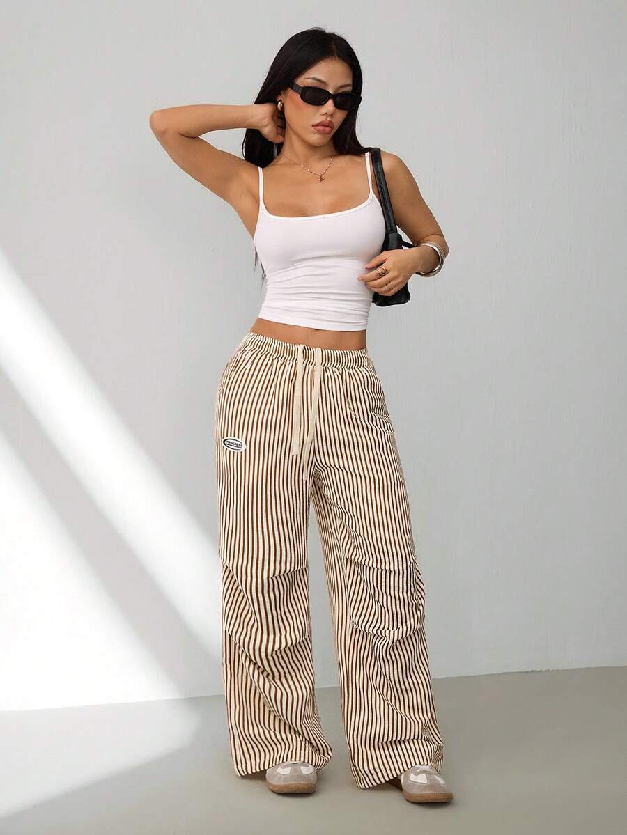 SHEIN PETITE Women's Summer Basic Striped Wide Leg Sweatpants - Khaki - View 1