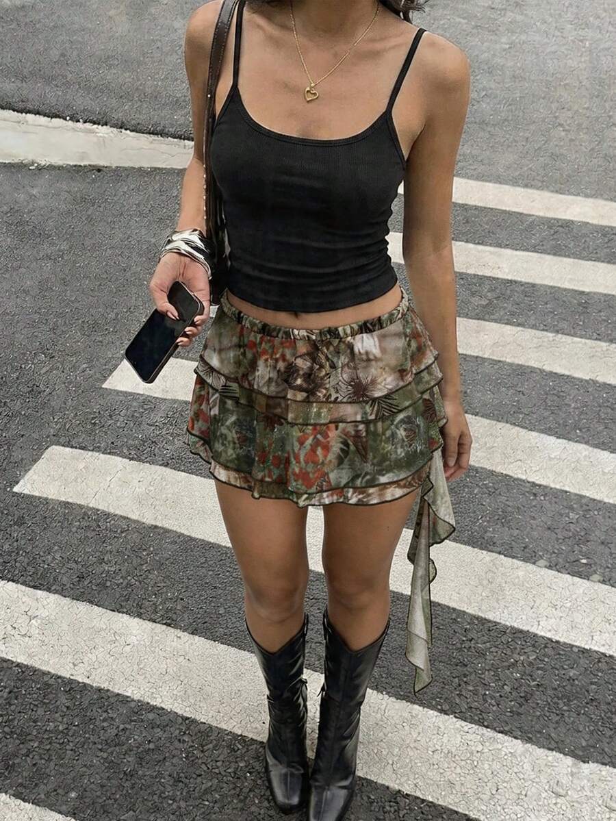 Aloruh 女士夏季海滩度假热带植物印花层叠荷叶边半身裙裤 - 綠色 - 查看 1