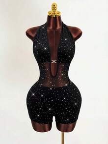 BamGleam Women's Rhinestone Mesh Deep V Halter Sexy Romper - Black - View 5