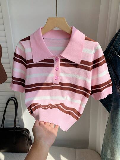 Comfortcana Women's Striped Polo Collar Short Sleeve Casual Knit Top