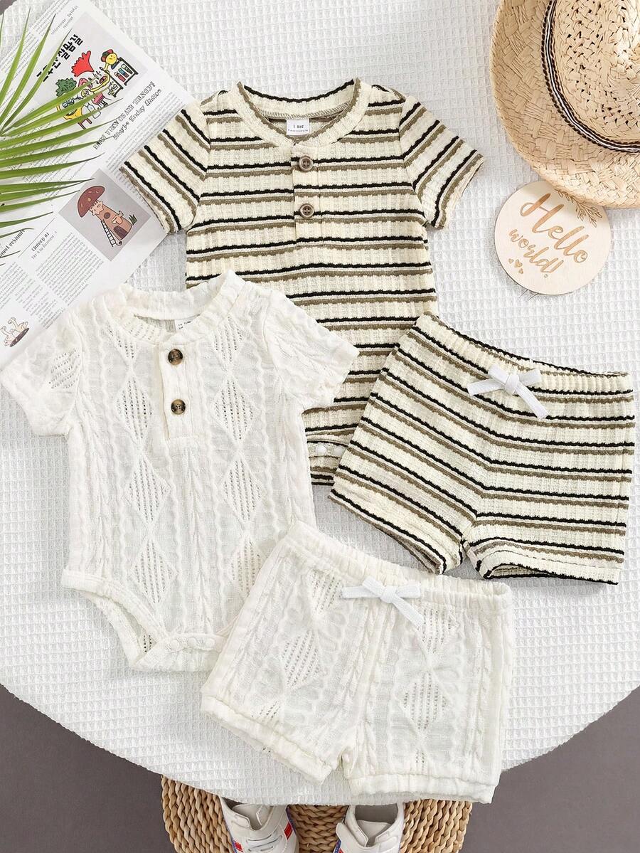 4pcs/Set Newborn Baby Boy/Girl Summer Cute Striped Blue Short Sleeve Romper & Shorts 4-Piece Outfit, Suitable For Home & Outings - Multicolor - View 1