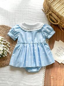 SHEIN Vintaside Kids 1 bộ áo liền quần tay ngắn kẻ sọc thêu họa tiết dễ thương và thanh lịch cho bé gái, chất liệu nhẹ. - Màu xanh lam - Xem 2