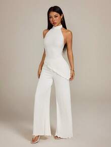 SHEIN PETITE Bộ đồ hai mảnh không tay trễ vai, chất liệu dệt họa tiết, dáng ống rộng, thanh lịch dành cho nữ, thích hợp cho mùa xuân sớm: Phong cách nghỉ dưỡng phóng khoáng màu mơ - đa năng cho đi làm, dạo phố, công sở, mặc hàng ngày, hẹn hò, ngày Valentine và dự tiệc cưới. - Màu be - Xem 2