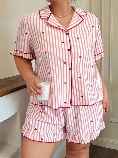 SHEIN Napfluff CURVE 大码女士浪漫条纹爱心印花短袖短裤睡衣套装