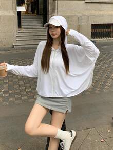 女士休闲连帽宽松轻薄长袖外套，适合春、夏、秋季穿着，甜美文艺风，时尚度假沙滩外套 - 白色 - 查看 8