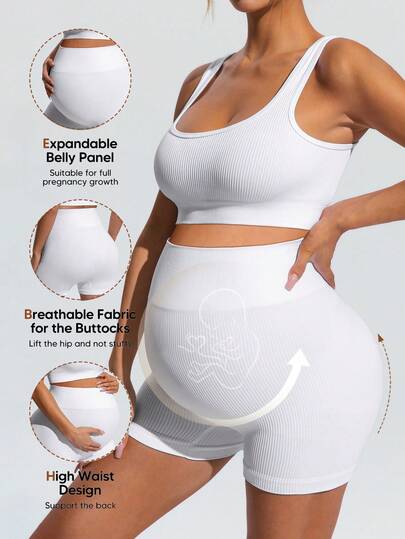 SHEIN Conjunto de top corto de tirantes y shorts deportivos de unicolor para maternidad