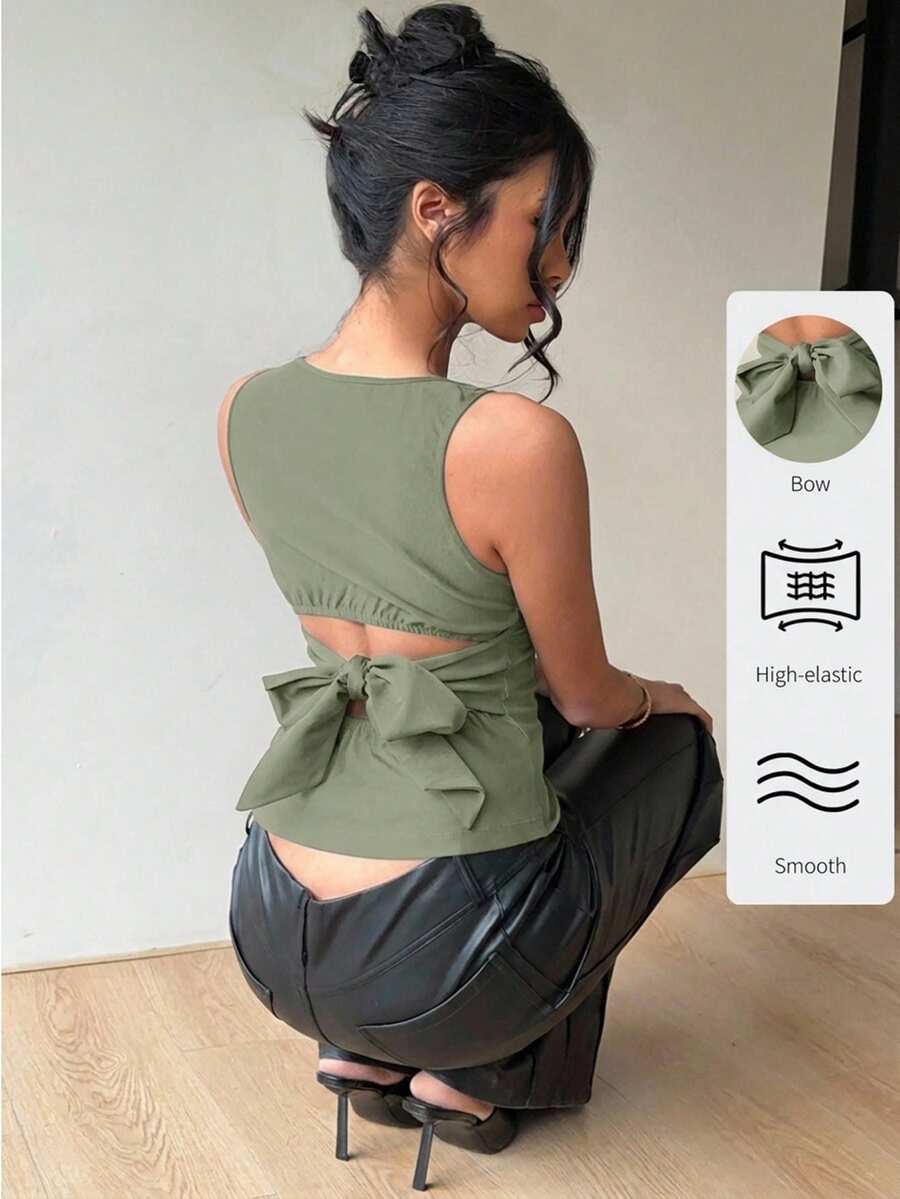 Aloruh 女士通勤休闲露背蝴蝶结圆领无袖黑色衬衫 - 橄欖綠 - 查看 1