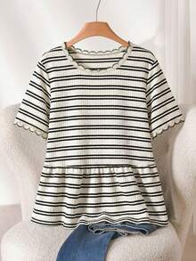 SHEIN Cosyjoi Áo nữ cỡ lớn kẻ sọc tay ngắn dáng rộng, trang phục thường ngày, áo mặc đi chơi. - Đen và trắng - Xem 1