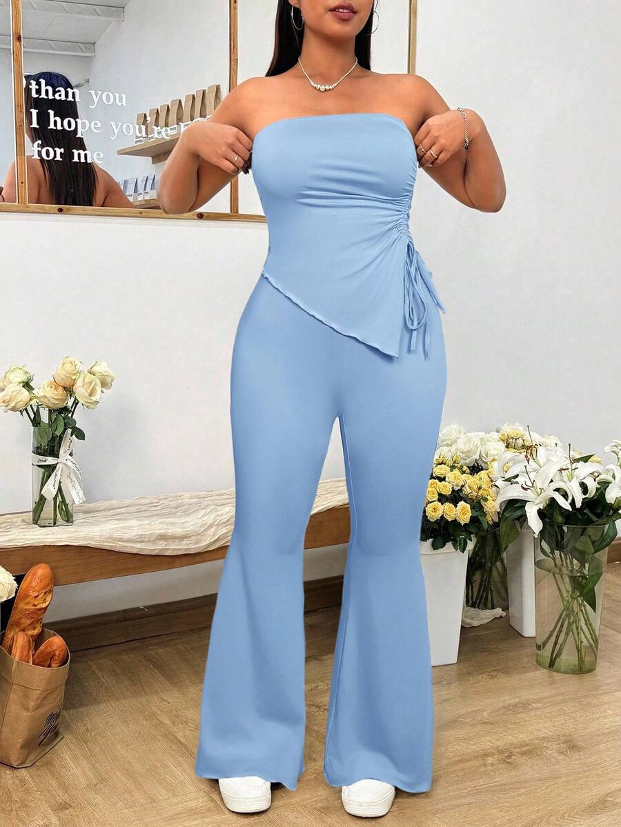Solflare 2pcs Plus Size Blue Cropped Top And Flare Jeans Set, Spring/Summer - Blue - View 1
