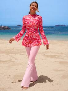 Swim Shayni 26SS 夏季海滩度假女士保守粉紫渐变长袖喇叭裤布基尼套装 - 彩色 - 查看 7