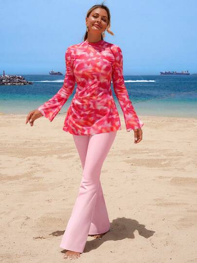 Swim Shayni Conjunto burkini de pantalones acampanados de manga larga con efecto degradado rosa y morado, para mujeres en vacaciones de verano en la playa, estilo conservador