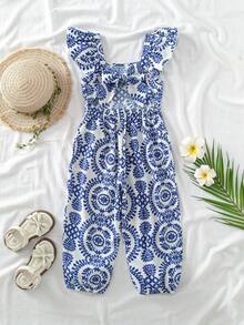 SHEIN Young Girl Ditsy Floral Ruffled Collar Casual Jumpsuit - Blue and White - View 5