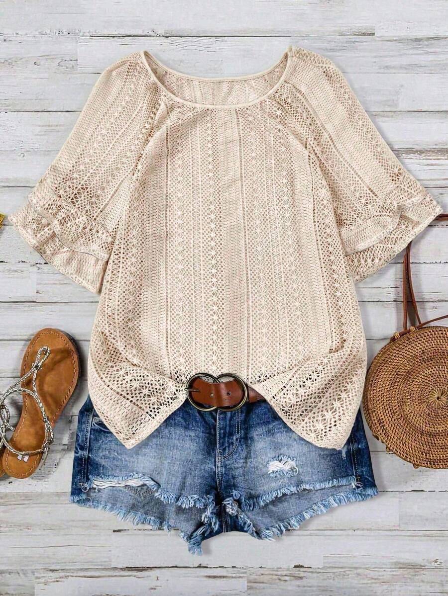SHEIN LUNE Women's Round Neck Raglan Short Sleeve Hollow Lace Casual Vacation T-Shirt - Apricot - View 1