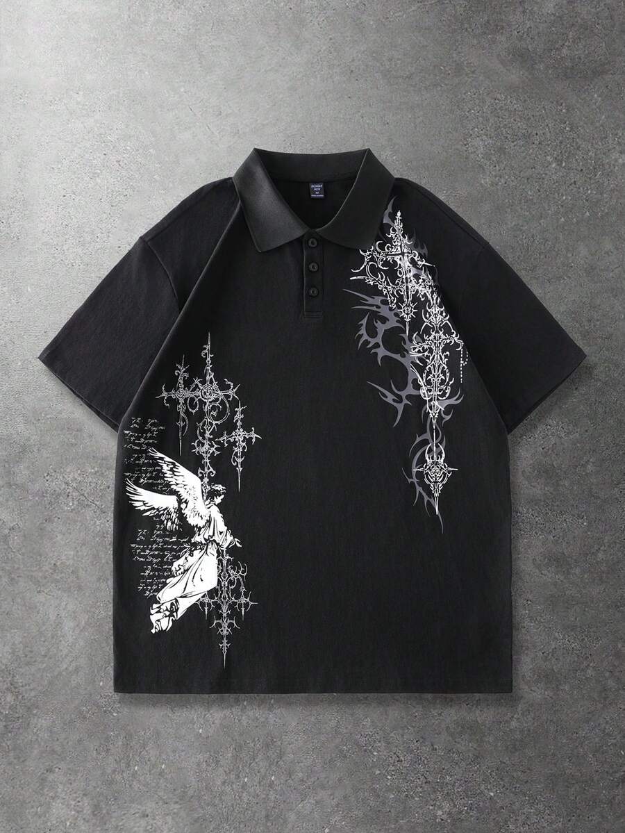ROMWE MEN Men's Angel Print Short Sleeve Casual Commuter Polo Shirt - Black - View 1