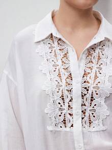 Maija Camisa de talla grande de unicolor casual con parches de encaje, primavera/otoño - Blanco - Ver 3