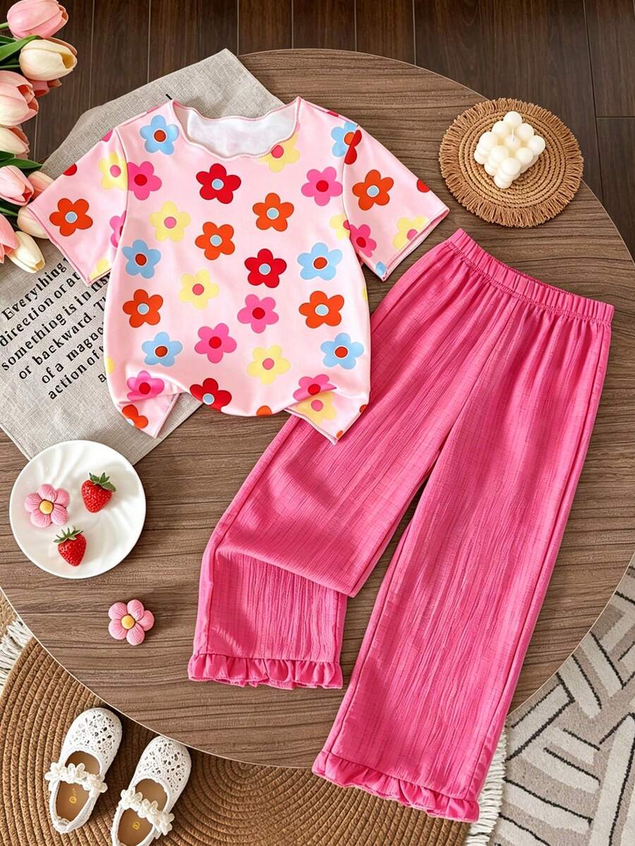 SHEIN Genkimix Kids 2件套女童(小号)春夏新款印花T恤和纯色梭织长裤,面料柔软舒适,款式可爱甜美,适合休闲、上学、度假、派对等场合。 - 粉色 - 查看 1