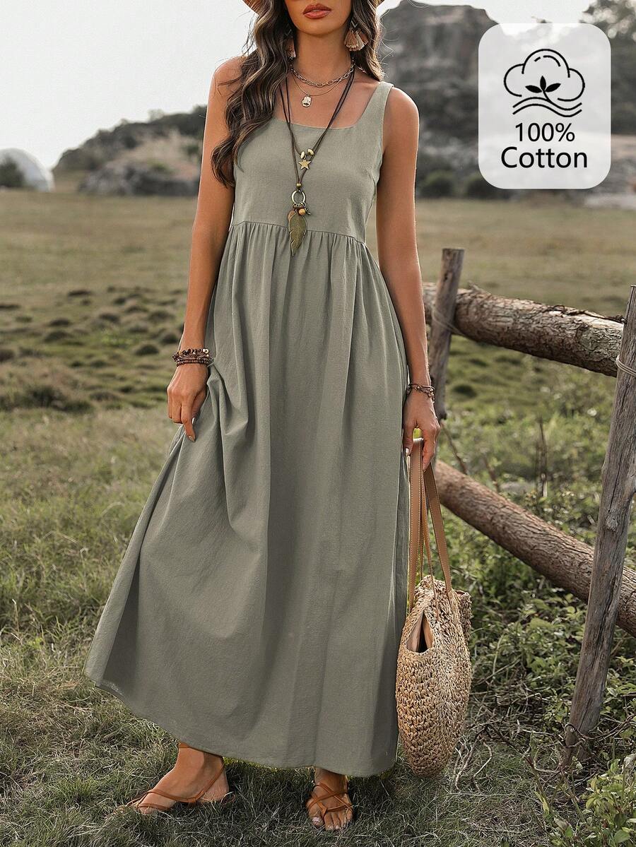 Women's Sleeveless Square Neck Casual Dress - Summer Maxi Women Outfit Women's Summer Dresses Women's Summer Outfits Zanzea Dress For Women Women Casual Dresses Women Sundresses - Green - View 1