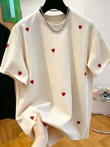 2026 Women's Casual Short Sleeve Round Neck Heart Embroidery Loose Basic T-Shirt - Apricot - View 3