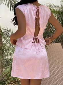 Women's Floral Lace Trim Blouse And Mini Skirt Fashion Date Outfit Set, Light Pink - Baby Pink - View 2