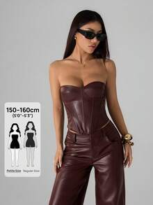 SHEIN PETITE Áo croptop quây ngực bằng da PU màu nâu thời trang gợi cảm dành cho nữ, áo corset da, áo màu nâu, áo đi chơi đêm, áo đi club, áo corset nâu, áo dự tiệc, áo da, áo mùa hè, áo quây ngực, áo Halloween, áo Giáng sinh, áo năm mới - Màu Đỏ Sâu - Xem 11