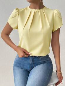 Rafferiza Women's Elegant Casual Solid Color Lace Patchwork Ruffle Collar Petal Sleeve Blouse Everyday Pale Yellow Summer - Light Yellow - View 5