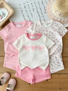 SHEIN 6件套女婴幼儿新生儿0-3岁春夏新款可爱兔子纯色条纹T恤短裤套装 - 彩色 - 查看 9