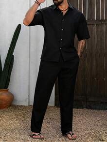 VENTUSAIL Men's Solid Color Striped Textured Shirt Set, Spring/Summer - Black - View 6