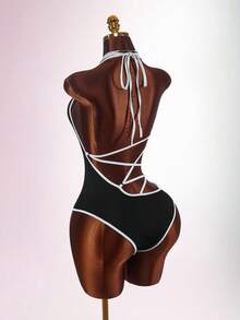 Amplova Vacation Black & White Halter Backless Bodysuit, Sexy & Avant-Garde Backless Strap Detail - Black and White - View 8