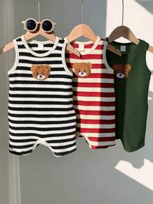 SHEIN Bộ 3 món quần áo trẻ sơ sinh unisex, áo liền quần không tay họa tiết gấu hoạt hình dễ thương mùa hè cho bé trai/bé gái, kẻ sọc. - Nhiều màu - Xem 4