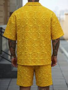 Manfinity CasualCool Men's Yellow Casual Jacquard Short Sleeve Button-Up Shirt & Drawstring Shorts Set,Funny Summer Holiday Vacation 2 Piece Outfits For Wedding Party - Yellow - View 2