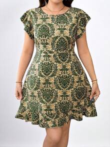SHEIN Clasi Đầm in hoa cổ điển thanh lịch dành cho phụ nữ cỡ lớn - màu xanh lá - Xem 6