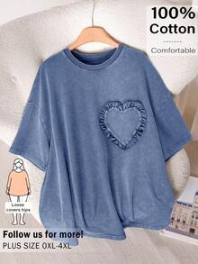 CosyJoli Camiseta casual de mujer talla grande con cuello en forma de corazón, hombros caídos y ribete de volantes - Azul - Ver 3