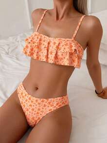 Swim Mod 花卉饰边可爱甜美复古休闲度假沙滩女式泳装套装 - 彩色 - 查看 4
