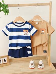 SHEIN 4pcs/Set Baby Boy Cute Cartoon Print Knit Short Sleeve Pajama Set, Summer Basic Multi-Piece Outfit - Multicolor - View 5