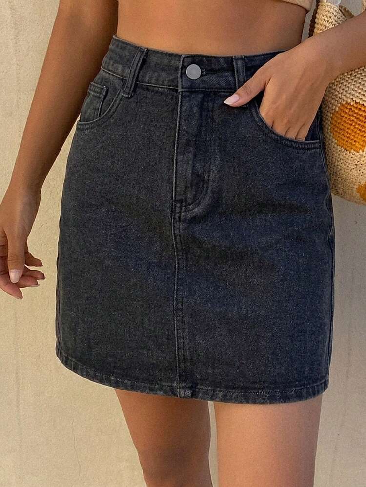 Women's Casual Solid Color Washed Pocket White Straight Denim Skirt, Spring/Summer