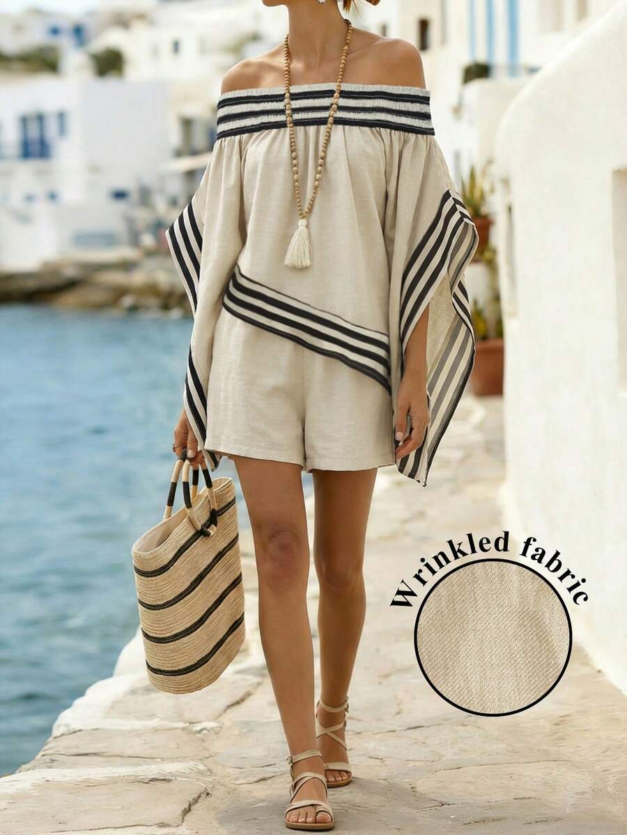 EMERY ROSE Conjunto informal de 2 piezas para mujer, blusa asimétrica de hombros descubiertos con mangas cortas a rayas y shorts de cintura elástica, adecuado para la playa, primavera/verano y uso diario - Multicolor - Ver 1