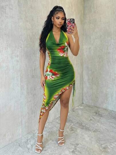 Eryvara Vestido ajustado sin mangas con cuello con volantes y bajo asimétrico, estampado floral, para vacaciones con estilo bohemio de mujer