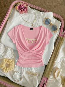 SHEIN MOD Solid Color Fashionable Summer Shell Strap Draped Neck T-Shirt,Summer Top - Pink - View 3