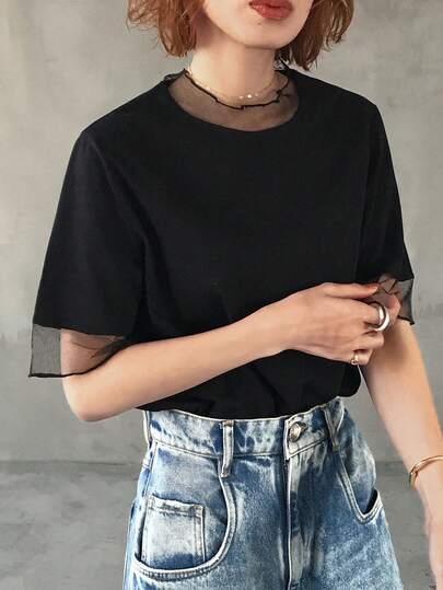 FRIFUL Camiseta Feminina Casual Solta de Tela Transparente de Cor Sólida, Versátil para Primavera e Verão