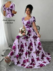SHEIN Elenzya 女士花卉玫瑰印花方领褶皱A字泡泡袖连衣裙，优雅日常/度假/通勤时尚之选，适合情人节、约会、法式街头风、复古风、派对等场合，白色底色搭配红色玫瑰图案，早春/春夏新款中长连衣裙 - 紫色 - 查看 7