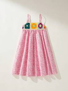 Maija Kids Maija Kids 1件儿童/少女优雅度假休闲宽松彩色钩针花卉装饰粉色碎花吊带裙，适合日常穿着、派对、外出、度假、春夏穿着 - 粉色 - 查看 1
