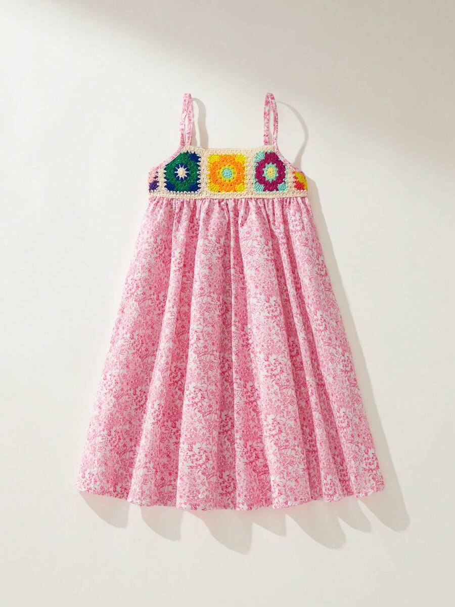Maija Kids Maija Kids 1件儿童/少女优雅度假休闲宽松彩色钩针花卉装饰粉色碎花吊带裙,适合日常穿着、派对、外出、度假、春夏穿着 - 粉色 - 查看 1