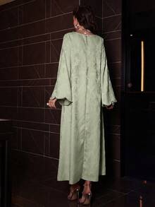 SHEIN Najma Áo Abaya Thổ Nhĩ Kỳ và áo choàng truyền thống Ả Rập tay dài màu hồng dệt jacquard đính hạt cườm sang trọng dành cho nữ mùa xuân/hè. - Màu xanh Bạc hà - Xem 2