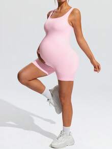SHEIN 孕妇纯色吊带背心和短裤套装 - 粉色 - 查看 6