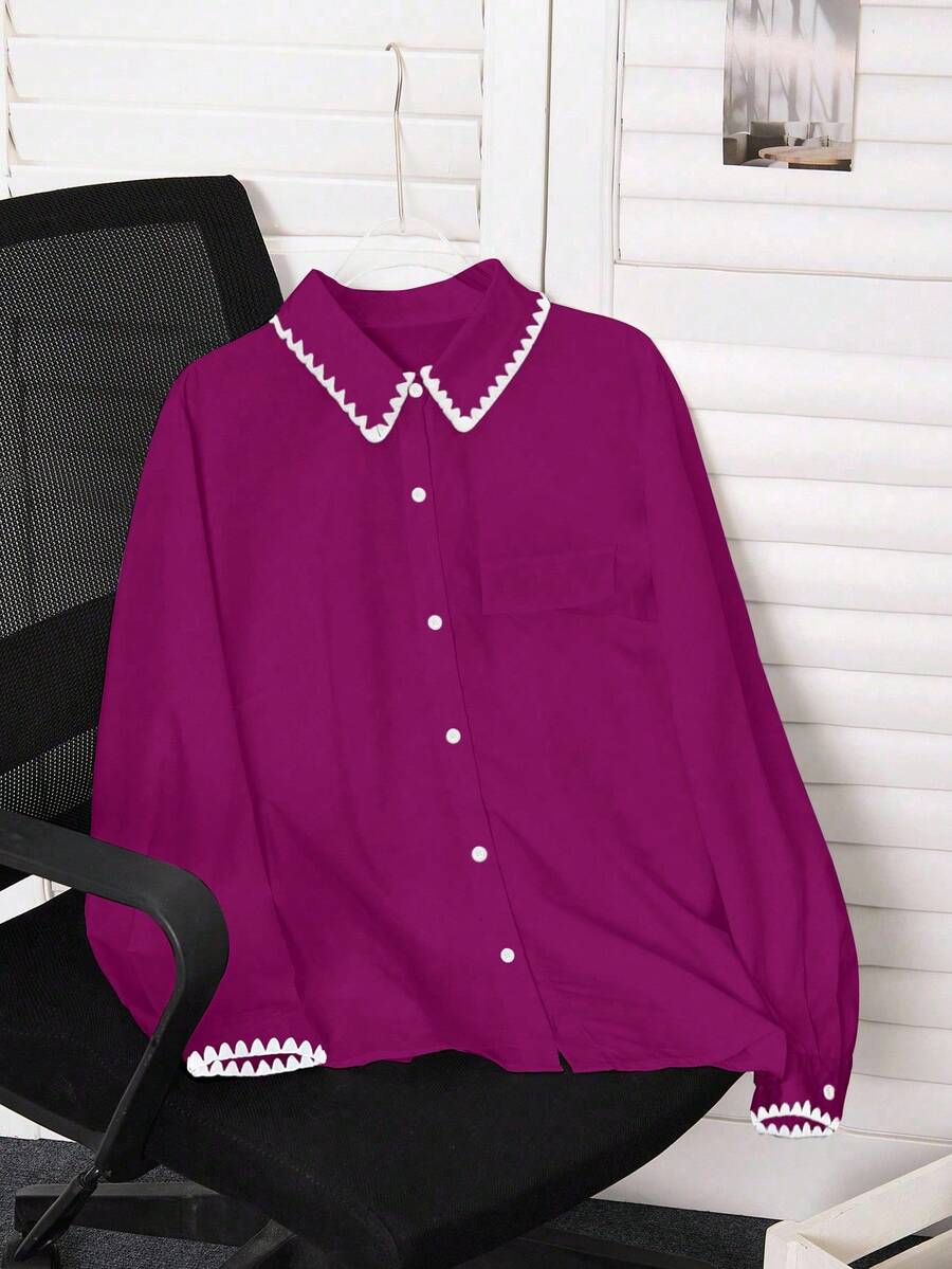 SHEIN LUNE Plus Size Women Contrast Color Single-Breasted Long Sleeve Shirt - Purple - View 1