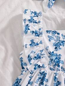 SHEIN Vintaside Kids White And Blue Floral Summer Boho Cute Vacation Holiday Baby Girl Halter Dress Ruffles A-Line Butterfly Breathable Outfits Clothes - Blue - View 6