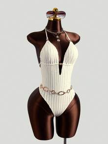 Bonvoyette Women's Summer Cute White Textured Halter Backless One-Piece Swimsuit, Elegant Sexy Beach Swimming Vacation Swimwear With Removable Bra Pads - Light Yellow - View 4